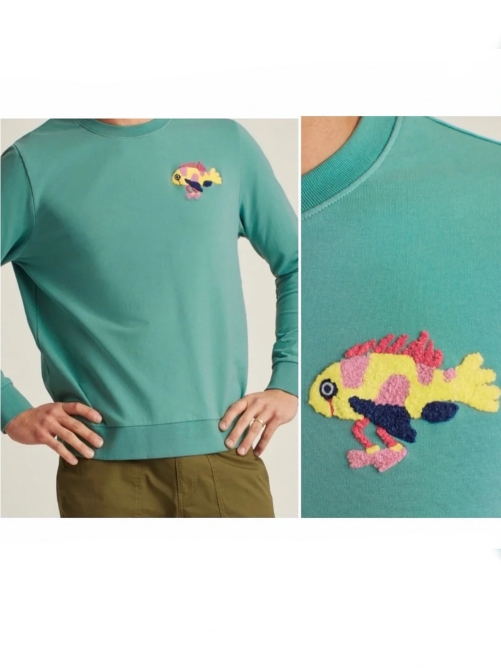 Bonobos Stretch Terry Crewneck Sweater Teal Fish Embroidered Men’s Sweatshirt, L